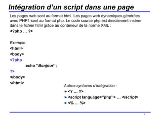 Intégration d’un script dans une page Les pages web sont au format html. Les pages web dynamiques générées avec PHP4 sont au format php. Le code source php est directement insérer dans le fichier html grâce au conteneur de la norme XML :  <?php … ?> Exemple: <html> <body> <?php   echo ’’ Bonjour ’’; ?> </body> </html> /154 Autres syntaxes d’intégration : <? … ?> <script language=‘’php’’> … </script> <% … %> 