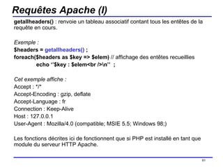 Requêtes Apache (I) getallheaders()  : renvoie un tableau associatif contant tous les entêtes de la requête en cours. Exemple : $headers =  getallheaders()  ; foreach($headers as $key => $elem)  // affichage des entêtes recueillies echo ‘’$key : $elem<br />\n’’  ; Cet exemple affiche : Accept : */* Accept-Encoding : gzip, deflate Accept-Language : fr Connection : Keep-Alive Host : 127.0.0.1 User-Agent : Mozilla/4.0 (compatible; MSIE 5.5; Windows 98;) Les fonctions décrites ici de fonctionnent que si PHP est installé en tant que module du serveur HTTP Apache. /154 