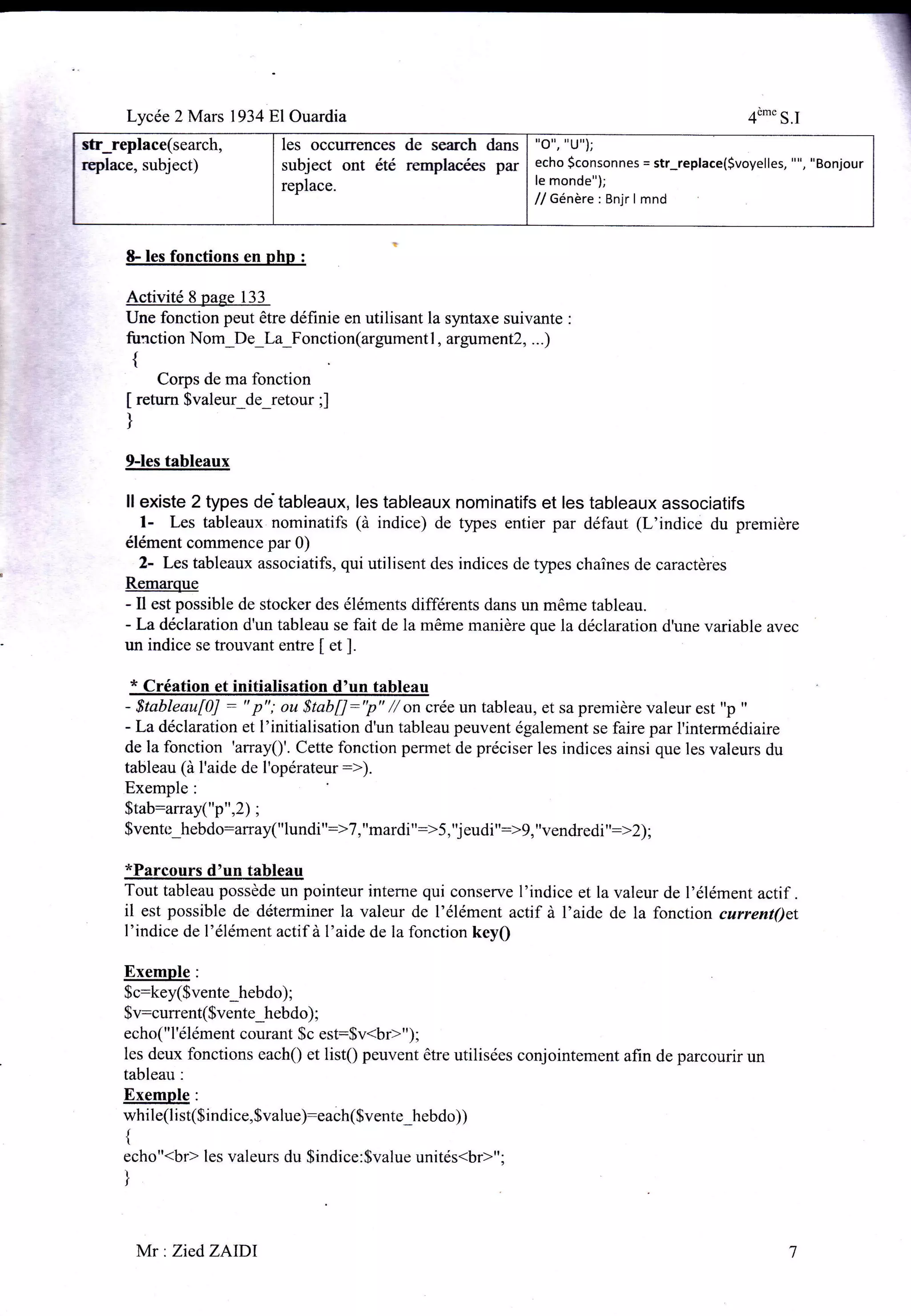 Lycée 2 Mars 1934El Ouardia
str_replace(search,
replace, subject)

4"-" S.I

les occurrences de search dans "o","u");
subject ont été remplacées par echo $consonnes
replace.

8- les fonctions en php

= str_reptace(Svoyelles,

"", "Bonjour

le monde");

l/

Génère: Bnjr I mnd

:

Activité 8 page 133
Une fonction peut être définie en utilisant la syntaxe suivante
fu:ction Nom_De_La_Fonction(argument l, argument2, ...)

:

{

t
I
f

Corps de ma fonctton
return Svaleur_de_retour ;]

9-les tableaux

ll existe 2 types de tableaux, les tableaux nominatifs et les tableaux associatifs
l- Les tableaux nominatifs (à indice) de types entier par défaut (L'indice du première
élément commence par 0)
2- Les tableaux associatifs, qui utilisent des indices de types chaînes de caractères
Remarque

- Il est possible de stocker des éléments différents dans un même tableau.
- La déclaration d'un tableau se fait de la même manière que la déclaration d'une variable avec
un indice se trouvant entre I et ].

* Création et initialisation d'un tableau
- Stableau[0J : " p"; ou $tabJ1:"p" // on crée un tableau, et sa première valeur est "p "
- La déclaration et l'initialisation d'un tableau peuvent également se faire par I'intermédiaire
de la fonction 'arrayQ'. Cette fonction permet de préciser les indices ainsi que les valeurs du
tableau (à I'aide de l'opérateur:>).
Exemple:
$tab:array("p",2) ;
Sventt: hebdo:aray("lundi":)7,"mardi":>5,'J eudi":>9, "vendredi":>2);

*Parcours d'un tableau
Tout tableau possède un pointeur inteme qui conserve l'indice et la valeur de l'élément actif .
il est possible de déteminer la valeur de l'élément actif à l'aide de la fonction cawent)et
l'indice de l'élément actif à l'aide de la fonction keyQ
Exemple:
$c:key($vente_heb do) ;
Sv:current($vente_hebdo) ;
echo("I'élément courant $c est:$v<br>");
les deux fonctions eachQ et listQ peuvent être utilisées conjointement afin de parcourir un
tableau :

Exemple:
while(l ist($indice,$value):each(Svente_hebdo))
{

echo"<br> les valeurs du $indice:$value unités<br>";
I

I

Mr: ZiedZAïDl

 