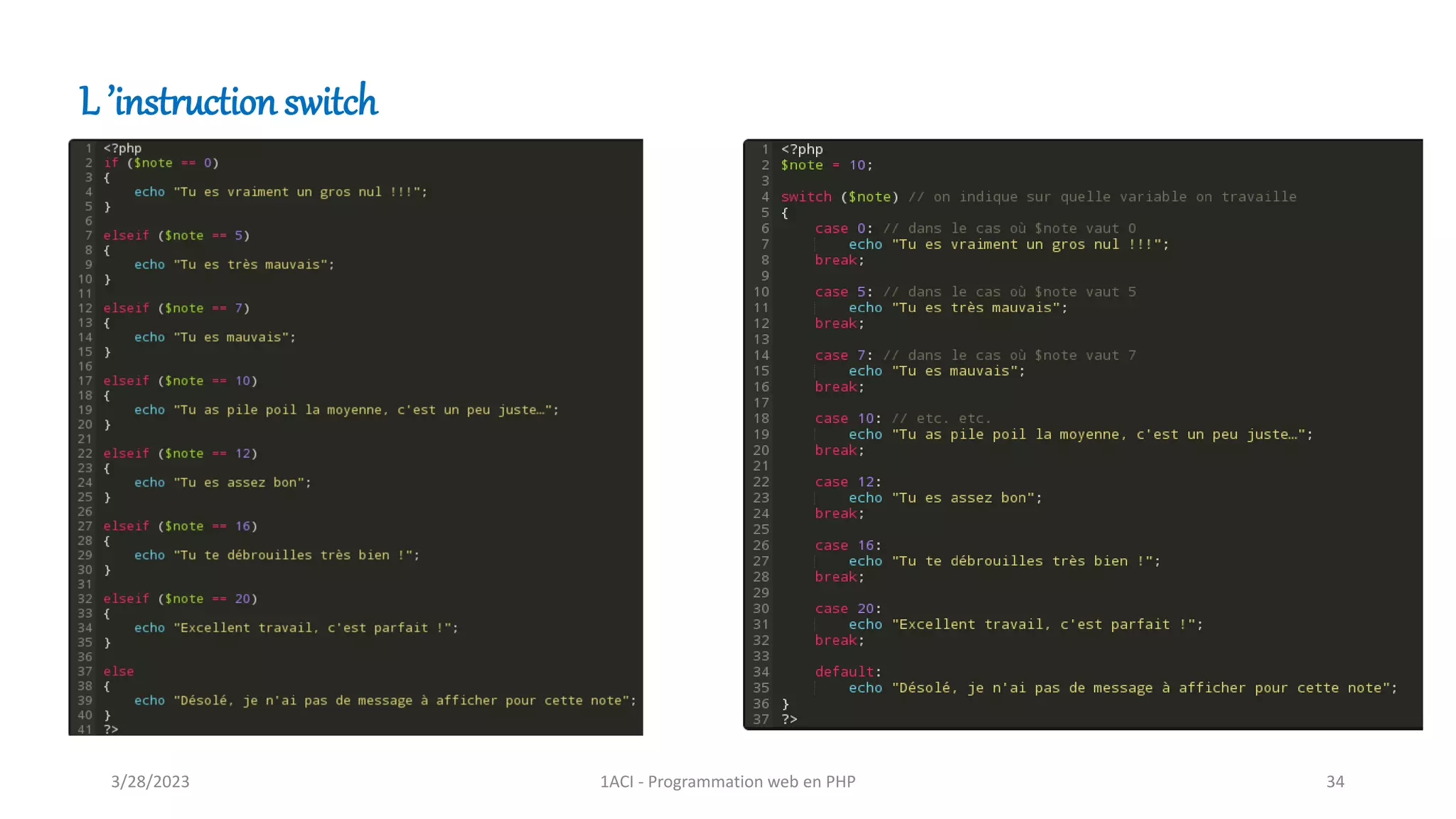 L ’instruction switch
3/28/2023 1ACI - Programmation web en PHP 34
 