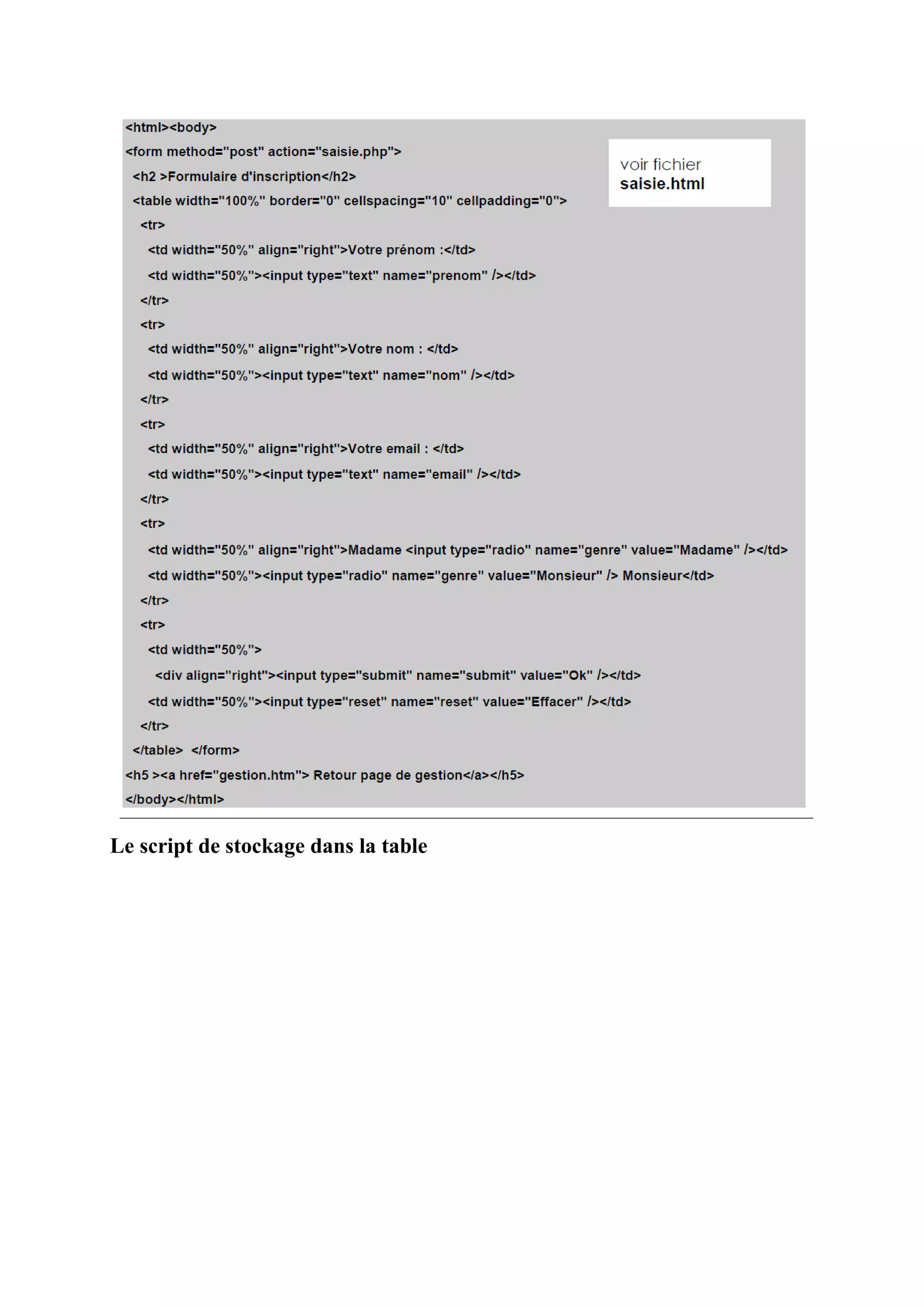 Le script de stockage dans la table
 