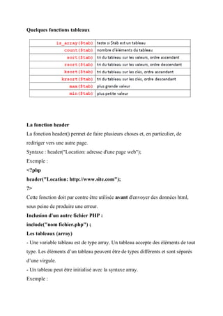 Quelques fonctions tableaux
La fonction header
La fonction header() permet de faire plusieurs choses et, en particulier, de
rediriger vers une autre page.
Syntaxe : header("Location: adresse d'une page web");
Exemple :
<?php
header("Location: http://www.site.com");
?>
Cette fonction doit par contre être utilisée avant d'envoyer des données html,
sous peine de produire une erreur.
Inclusion d'un autre fichier PHP :
include("nom fichier.php") ;
Les tableaux (array)
- Une variable tableau est de type array. Un tableau accepte des éléments de tout
type. Les éléments d’un tableau peuvent être de types différents et sont séparés
d’une virgule.
- Un tableau peut être initialisé avec la syntaxe array.
Exemple :
 