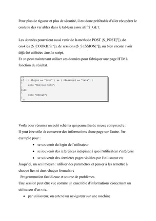 Pour plus de rigueur et plus de sécurité, il est donc préférable d'aller récupérer le
contenu des variables dans le tableau associatif $_GET.
Les données pourraient aussi venir de la méthode POST ($_POST['']), de
cookies ($_COOKIES['']), de sessions ($_SESSION['']), ou bien encore avoir
déjà été utilisées dans le script.
Et on peut maintenant utiliser ces données pour fabriquer une page HTML
fonction du résultat.
Voilà pour résumer un petit schéma qui permettra de mieux comprendre :
Il peut être utile de conserver des informations d'une page sur l'autre. Par
exemple pour :
 se souvenir du login de l'utilisateur
 se souvenir des références indiquant à quoi l'utilisateur s'intéresse
 se souvenir des dernières pages visitées par l'utilisateur etc
Jusqu'ici, un seul moyen : utiliser des paramètres et penser à les remettre à
chaque lien et dans chaque formulaire
Programmation fastidieuse et source de problèmes.
Une session peut être vue comme un ensemble d'informations concernant un
utilisateur d'un site.
 par utilisateur, on entend un navigateur sur une machine
 
