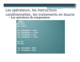 Les opérateurs, les instructions
conditionnelles, les traitements en boucle
• Les opérateurs de comparaison
<?php
$x=100;
$y="100";
var_dump($x == $y);
var_dump($x === $y);
var_dump($x != $y);
var_dump($x !== $y);
$a=50;
$b=90;
var_dump($a > $b);
var_dump($a < $b);
?>
 
