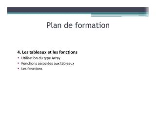 4. Les tableaux et les fonctions
Utilisation du type Array
Fonctions associées aux tableaux
Les fonctions
Plan de formation
 