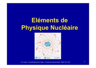 Eléments de
Physique Nucléaire
1
Pr. A. Sabir – Université Mohamed V Agdal - Faculté des sciences Rabat – SMP / S6 - 2012
 