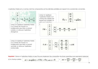 L’opérateur Nabla est un vecteur dont les composantes sont les dérivées partielles par rapport à la coordonnée concernée.
Important : Grace a l’opérateur Nabla on peut trouver simplement de composition de divers operateurs par exemple le laplacien
d’un champ scalaire. =
13
Lorsqu’on applique
l’opérateur Nabla a un
champ de scalaires par
lequel il est multiplié, on
retrouve l’opérateur
gradient
Lorsqu’on applique l’opérateur Nabla
a un champ de vecteur, la
multiplication peut être un produit
scalaire, on retrouve l’opérateur
divergence
Lorsqu’on applique l’opérateur Nabla
a un champ de vecteur, la
multiplication peut être un produit
vectoriel, on retrouve l’opérateur
rotationnelle
 