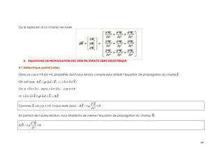 Ou le laplacien d’un champ vectoriel.
5- EQUATIONS DE PROPAGATION DES OEM EN ESPACE LIBRE DIELECTRIQUE
4.1 Diélectrique parfait (vide)
Dans ce cas σ=0 etτ=0, propriétés dont nous tenons compte pour établir l’équation de propagation du champ⃗
E.
On sait que ∆ ⃗
E ¿ gr ⃗
ad(¿⃗
E)−¿ r ⃗
ot r ⃗
ot(⃗
E)
On a r ⃗
ot r ⃗
ot ¿ donc r ⃗
ot r ⃗
ot ¿ car σ=0
or r ⃗
ot r ⃗
ot ⃗
E=gr ⃗
ad (¿⃗
E)−∆⃗
E
Comme¿⃗
E=0 car τ=0 il nous reste donc : ∆ ⃗
E−ε μ
∂
2
⃗
E
∂t
2
=0
En partant de l’autre relation, nous établirons de même l’équation de propagation du champ ⃗
H:
∆⃗
H −ε μ
∂2
⃗
H
∂t2
=0
14
 