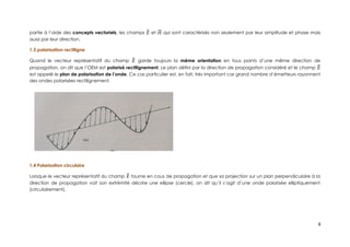 partie à l’aide des concepts vectoriels, les champs ⃗
E et ⃗
H qui sont caractérisés non seulement par leur amplitude et phase mais
aussi par leur direction.
1.3 polarisation rectiligne
Quand le vecteur représentatif du champ ⃗
E garde toujours la même orientation en tous points d’une même direction de
propagation, on dit que l’OEM est polarisé rectilignement. Le plan défini par la direction de propagation considéré et le champ ⃗
E
est appelé le plan de polarisation de l’onde. Ce cas particulier est, en fait, très important car grand nombre d’émetteurs rayonnent
des ondes polarisées rectilignement.
1.4 Polarisation circulaire
Lorsque le vecteur représentatif du champ ⃗
E tourne en cous de propagation et que sa projection sur un plan perpendiculaire à la
direction de propagation voit son extrémité décrire une ellipse (cercle), on dit qu’il s’agit d’une onde polarisée elliptiquement
(circulairement).
8
 