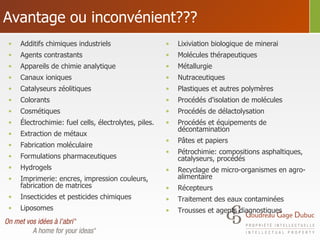 Avantage ou inconvénient??? Additifs chimiques industriels Agents contrastants Appareils de chimie analytique Canaux ioniques Catalyseurs zéolitiques Colorants Cosmétiques Électrochimie: fuel cells, électrolytes, piles. Extraction de métaux Fabrication moléculaire Formulations pharmaceutiques Hydrogels Imprimerie: encres, impression couleurs, fabrication de matrices Insecticides et pesticides chimiques Liposomes Lixiviation biologique de minerai Molécules thérapeutiques Métallurgie Nutraceutiques Plastiques et autres polymères Procédés d'isolation de molécules Procédés de délactolysation Procédés et équipements de décontamination Pâtes et papiers Pétrochimie: compositions asphaltiques, catalyseurs, procédés Recyclage de micro-organismes en agro-alimentaire Récepteurs Traitement des eaux contaminées Trousses et agents diagnostiques 