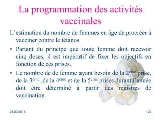 La programmation des activités
vaccinales
L’estimation du nombre de femmes en âge de procréer à
vacciner contre le tétanos
• Partant du principe que toute femme doit recevoir
cinq doses, il est impératif de fixer les objectifs en
fonction de ces prises.
• Le nombre de de femme ayant besoin de la 2ème prise,
de la 3ème ,de la 4ème et de la 5ème prises durant l’année
doit être déterminé à partir des registres de
vaccination.
21/03/2016 120
 