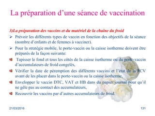 La préparation d’une séance de vaccination
3)La préparation des vaccins et du matériel de la chaîne du froid
 Prévoir les différents types de vaccin en fonction des objectifs de la séance
(nombre d’enfants et de femmes à vacciner).
 Pour la stratégie mobile, le porte-vaccin ou la caisse isotherme doivent être
préparés de la façon suivante:
Tapisser le fond et tous les côtés de la caisse isotherme ou du porte-vaccin
d’accumulateurs de froid congelés,
Vérifier la date de péremption des différents vaccins et l’état de la PCV
avant de les placer dans le porte-vaccin ou la caisse isotherme,
Envelopper le vaccin DTC, VAT et HB dans du papier journal pour qu’il
ne gèle pas au contact des accumulateurs,
Recouvrir les vaccins par d’autres accumulateurs de froid.
21/03/2016 131
 
