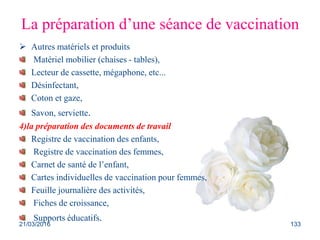 La préparation d’une séance de vaccination
 Autres matériels et produits
Matériel mobilier (chaises - tables),
Lecteur de cassette, mégaphone, etc...
Désinfectant,
Coton et gaze,
Savon, serviette.
4)la préparation des documents de travail
Registre de vaccination des enfants,
Registre de vaccination des femmes,
Carnet de santé de l’enfant,
Cartes individuelles de vaccination pour femmes,
Feuille journalière des activités,
Fiches de croissance,
Supports éducatifs.
21/03/2016 133
 