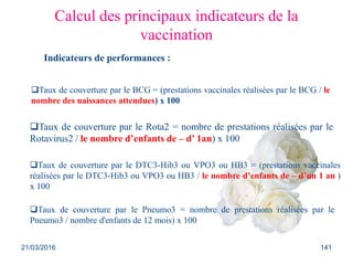Calcul des principaux indicateurs de la
vaccination
Indicateurs de performances :
Taux de couverture par le BCG = (prestations vaccinales réalisées par le BCG / le
nombre des naissances attendues) x 100
Taux de couverture par le Rota2 = nombre de prestations réalisées par le
Rotavirus2 / le nombre d’enfants de – d’ 1an) x 100
Taux de couverture par le DTC3-Hib3 ou VPO3 ou HB3 = (prestations vaccinales
réalisées par le DTC3-Hib3 ou VPO3 ou HB3 / le nombre d’enfants de – d’un 1 an )
x 100
Taux de couverture par le Pneumo3 = nombre de prestations réalisées par le
Pneumo3 / nombre d'enfants de 12 mois) x 100
21/03/2016 141
 