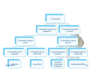 L’immunité
L’immunité acquise ou
adaptative
L’immunité acquise
active
L’immunité active
naturelle
infection
L’immunité active
artificielle
vaccination
L’immunité acquise
passive
L’immunité passive
naturelle
Transfert
d’anticorps
maternels
L’immunité passive
artificielle
immunoglobulines
L’immunité naturelle
ou innée
21/03/2016 19
 