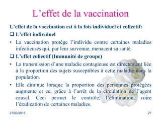 L’effet de la vaccination
L’effet de la vaccination est à la fois individuel et collectif:
 L’effet individuel
• La vaccination protège l’individu contre certaines maladies
infectieuses qui, par leur survenue, menacent sa santé.
 L’effet collectif (Immunité de groupe)
• La transmission d’une maladie contagieuse est directement liée
à la proportion des sujets susceptibles à cette maladie dans la
population.
• Elle diminue lorsque la proportion des personnes protégées
augmente et ce, grâce à l’arrêt de la circulation de l’agent
causal. Ceci permet le contrôle, l’élimination, voire
l’éradication de certaines maladies.
21/03/2016 27
 