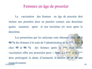 Femmes en âge de procréer
La vaccination des femmes en âge de procréer doit
inclure une première dose au premier contact, une deuxième
quatre semaines après et une troisième six mois après la
deuxième.
Les protections par les anticorps sont obtenues chez 80 à
90 % des femmes à la suite de l’administration de la 2ème dose et
chez 95 à 98 % des femmes après la 3ème dose. Cette
vaccination offre une protection pour ~ 5ans. La 4ème et la 5ème
dose prolongent la durée d’immunité d’environ 10 et 20 ans
respectivement.21/03/2016 43
 