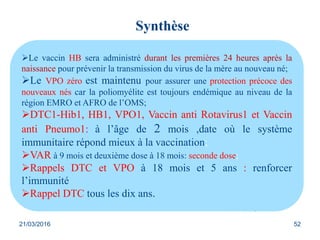 Le vaccin HB sera administré durant les premières 24 heures après la
naissance pour prévenir la transmission du virus de la mère au nouveau né;
Le VPO zéro est maintenu pour assurer une protection précoce des
nouveaux nés car la poliomyélite est toujours endémique au niveau de la
région EMRO et AFRO de l’OMS;
DTC1-Hib1, HB1, VPO1, Vaccin anti Rotavirus1 et Vaccin
anti Pneumo1: à l’âge de 2 mois ,date où le système
immunitaire répond mieux à la vaccination;
VAR à 9 mois et deuxième dose à 18 mois: seconde dose;
Rappels DTC et VPO à 18 mois et 5 ans : renforcer
l’immunité
Rappel DTC tous les dix ans.
Synthèse
21/03/2016 52
 