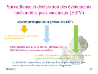 Surveillance et déclaration des événements
indésirables post-vaccinaux (EIPV)
Aspects pratiques de la gestion des EIPV
La déclaration : se fait sur la fiche
jaune de notification
L’investigation et la prise en charge : effectuées par le
clinicien (traitement symptomatique ou spécifique).
Le suivi et l’évaluation : communication mensuelle du
rapport détaillé du profil des EIPV
La finalité de la surveillance des EIPV est d’investiguer chaque cas pour
trouver une éventuelle cause en vue d’éviter sa réapparition.
21/03/2016 94
 