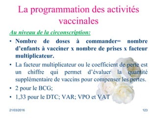 La programmation des activités
vaccinales
Au niveau de la circonscription:
• Nombre de doses à commander= nombre
d’enfants...