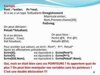 Et si on déclare
X:entier; Y:reel;
Etd:Tetudiant;
Exemple
Pent : ^entier; Pr:^reel;
Et si on a un type Tedtudiant=Enregistrement
Matricule:entier;
Nom,Prenom:chaine[20];
FinEnreg;
On peut déclarer:
Petud:^Tetudiant;
On peut faire :
Pent←@X; Pr←@Y;
Petud←@Etd;
Pour accéder aux valeurs, on écrit : Pent^; Pr^; Petud^
Après les affectations précédentes:
Ecrire(X); est équivalent à Ecrire(Pent^);
Ecrire(Y); est équivalent à Ecrire(Pr^);
Ecrire(Etd.Nom); est équivalent à Ecrire(Petud^.Nom);
Oui, mais on était bien sans ces POINTEURS ? Ils apportent quoi de
plus ? On peut bien manipuler nos variables sans les pointeurs !
C’est une double déclaration !!! 11
 