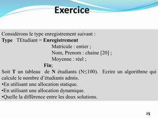 Exercice
Considérons le type enregistrement suivant :
Type TEtudiant = Enregistrement
Matricule : entier ;
Nom, Prenom : chaine [20] ;
Moyenne : réel ;
Fin;
Soit T un tableau de N étudiants (N≤100). Ecrire un algorithme qui
calcule le nombre d’étudiants admis.
•En utilisant une allocation statique.
•En utilisant une allocation dynamique.
•Quelle la différence entre les deux solutions.
25
 