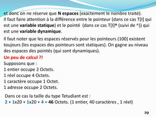 et donc on ne réserve que N espaces (exactement le nombre traité).
Il faut faire attention à la différence entre le pointeur (dans ce cas T[I] qui
est une variable statique) et le pointé (dans ce cas T[I]^ (suivi de ^)) qui
est une variable dynamique.
Il faut noter que les espaces réservés pour les pointeurs (100) existent
toujours (les espaces des pointeurs sont statiques). On gagne au niveau
des espaces des pointés (qui sont dynamiques).
Un peu de calcul ?!
Supposons que :
1 entier occupe 2 Octets.
1 réel occupe 4 Octets.
1 caractère occupe 1 Octet.
1 adresse occupe 2 Octets.
Dans ce cas la taille du type Tetudiant est :
2 + 1x20 + 1x20 + 4 = 46 Octets. (1 entier, 40 caractères , 1 réel)
29
 