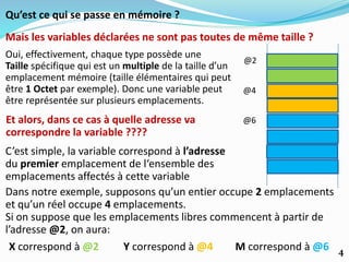 Qu’est ce qui se passe en mémoire ?
@4
Mais les variables déclarées ne sont pas toutes de même taille ?
Oui, effectivement, chaque type possède une
Taille spécifique qui est un multiple de la taille d’un
emplacement mémoire (taille élémentaires qui peut
être 1 Octet par exemple). Donc une variable peut
être représentée sur plusieurs emplacements.
Et alors, dans ce cas à quelle adresse va
correspondre la variable ????
C’est simple, la variable correspond à l’adresse
du premier emplacement de l‘ensemble des
emplacements affectés à cette variable
Dans notre exemple, supposons qu’un entier occupe 2 emplacements
et qu’un réel occupe 4 emplacements.
Si on suppose que les emplacements libres commencent à partir de
l’adresse @2, on aura:
@6
@2
X correspond à @2 Y correspond à @4 M correspond à @6 4
 