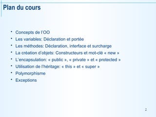 2
Plan du cours
 Concepts de l’OO
 Les variables: Déclaration et portée
 Les méthodes: Déclaration, interface et surcharge
 La création d’objets: Constructeurs et mot-clé « new »
 L’encapsulation: « public », « private » et « protected »
 Utilisation de l’héritage: « this » et « super »
 Polymorphisme
 Exceptions
 