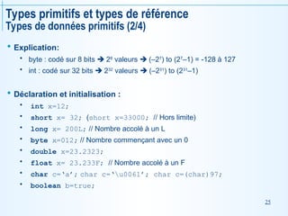 25
Types primitifs et types de référence
Types de données primitifs (2/4)
 Explication:
 byte : codé sur 8 bits  28
valeurs  (–27
) to (27
–1) = -128 à 127
 int : codé sur 32 bits  232
valeurs  (–231
) to (231
–1)
 Déclaration et initialisation :
 int x=12;
 short x= 32; (short x=33000; // Hors limite)
 long x= 200L; // Nombre accolé à un L
 byte x=012; // Nombre commençant avec un 0
 double x=23.2323;
 float x= 23.233F; // Nombre accolé à un F
 char c=‘a’; char c=‘u0061’; char c=(char)97;
 boolean b=true;
 