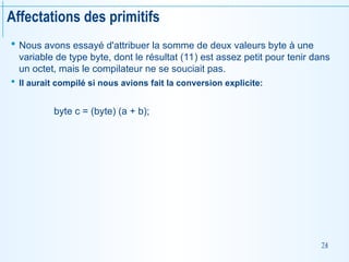 74
Affectations des primitifs
 Nous avons essayé d'attribuer la somme de deux valeurs byte à une
variable de type byte, dont le résultat (11) est assez petit pour tenir dans
un octet, mais le compilateur ne se souciait pas.
 Il aurait compilé si nous avions fait la conversion explicite:
byte c = (byte) (a + b);
 