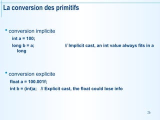 76
La conversion des primitifs
 conversion implicite
int a = 100;
long b = a; // Implicit cast, an int value always fits in a
long
 conversion explicite
float a = 100.001f;
int b = (int)a; // Explicit cast, the float could lose info
 