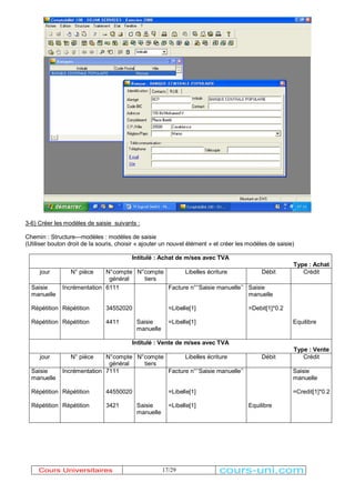 3-6) Créer les modèles de saisie suivants : 
Chemin : Structure---modèles : modèles de saisie 
(Utiliser bouton droit de la souris, choisir « ajouter un nouvel élément » et créer les modèles de saisie) 
Intitulé : Achat de m/ses avec TVA 
17/29 
Type : Achat 
jour N° pièce N°compte 
général 
N°compte 
tiers 
Libelles écriture Débit Crédit 
Saisie 
manuelle 
Répétition 
Répétition 
Incrémentation 
Répétition 
Répétition 
6111 
34552020 
4411 Saisie 
manuelle 
Facture n°µ¶Saisie manuelle¶¶ 
=Libelle[1] 
=Libelle[1] 
Saisie 
manuelle 
=Debit[1]*0.2 
Equilibre 
Intitulé : Vente de m/ses avec TVA 
Type : Vente 
jour N° pièce N°compte 
général 
N°compte 
tiers 
Libelles écriture Débit Crédit 
Saisie 
manuelle 
Répétition 
Répétition 
Incrémentation 
Répétition 
Répétition 
7111 
44550020 
3421 Saisie 
manuelle 
Facture n°µ¶Saisie manuelle¶¶ 
=Libelle[1] 
=Libelle[1] Equilibre 
Saisie 
manuelle 
=Credit[1]*0.2 
Cours Universitaires cours-uni.com 
 