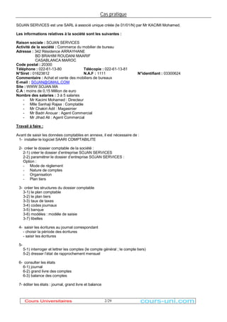 Cas pratique 
SOJAN SERVICES est une SARL à associé unique créée (le 01/01/N) par Mr KACIMI Mohamed. 
Les informations relatives à la société sont les suivantes : 
Raison sociale : SOJAN SERVICES 
Activité de la société : Commerce du mobilier de bureau 
Adresse : 342 Résidence ARRAYHANE 
2/29 
BD BRAHIM ROUDANI MAARIF 
CASABLANCA MAROC 
Code postal : 20300 
Téléphone : 022-61-13-80 Télécopie : 022-61-13-81 
N°Siret : 01623812 N.A.F : 1111 N°identifiant : 03300624 
Commentaire : Achat et vente des mobiliers de bureaux 
E-mail : SOJAN@GMAIL.COM 
Site : WWW.SOJAN.MA 
C.A : moins de 0,15 Million de euro 
Nombre des salaries : 3 à 5 salaries 
- Mr Kacimi Mohamed : Directeur 
- Mlle Sanhaji Rajaa : Comptable 
- Mr Chakiri Adil : Magasinier 
- Mr Badri Anouar : Agent Commercial 
- Mr Jihad Ali : Agent Commercial 
Travail à faire : 
Avant de saisir les données comptables en annexe, il est nécessaire de : 
1- installer le logiciel SAARI COMPTABILITE 
2- créer le dossier comptable de la société : 
2-1) créer le dossier d¶entreprise SOJAN SERVICES 
2-2) paramétrer le dossier d¶entreprise SOJAN SERVICES : 
Option : 
- Mode de règlement 
- Nature de comptes 
- Organisation 
- Plan tiers 
3- créer les structures du dossier comptable 
3-1) le plan comptable 
3-2) le plan tiers 
3-3) taux de taxes 
3-4) codes journaux 
3-5) banque 
3-6) modèles : modèle de saisie 
3-7) libelles 
4- saisir les écritures au journal correspondant 
- choisir la période des écritures 
- saisir les écritures 
5- 
5-1) interroger et lettrer les comptes (le compte général ; le compte tiers) 
5-2) dresser l¶état de rapprochement mensuel 
6- consulter les états 
6-1) journal 
6-2) grand livre des comptes 
6-3) balance des comptes 
7- éditer les états : journal, grand livre et balance 
Cours Universitaires cours-uni.com 
 
