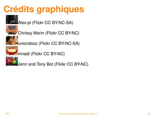 Crédits graphiques
     Alex-pl (Flickr CC BY-NC-SA)

     Chrissy Morin (Flickr CC BY-NC)

     uniondocs (Flickr CC BY-NC-SA)

     mnadi (Flickr CC BY-NC)

     Jenn and Tony Bot (Flickr CC BY-NC)




PP                       Université Paris Diderot - Paris 7   22
 