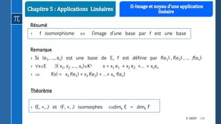 108F. AKEF
Résumé
› f isomorphisme  l’image d’une base par f est une base
Remarque
› Si (e1, …, en) est une base de E, f est définie par f(e1) , f(e2) , … ,f(en)
› xE ( x1, x2 ,…, xn)Kn x = x1 e1 + x2 e2 +… + xnen
›  f(x) = x1 f(e1) + x2 f(e2) + …+ xn f(en)
Théorème
› (E, +, .) et (F, +, .) isomorphes dimk E = dimk F
 