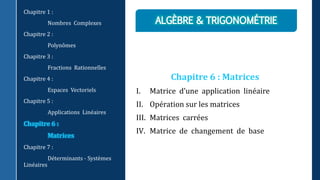 Chapitre 6 : Matrices
I. Matrice d’une application linéaire
II. Opération sur les matrices
III. Matrices carrées
IV. Matrice de changement de base
Chapitre 1 :
Nombres Complexes
Chapitre 2 :
Polynômes
Chapitre 3 :
Fractions Rationnelles
Chapitre 4 :
Espaces Vectoriels
Chapitre 5 :
Applications Linéaires
Chapitre 6 :
Matrices
Chapitre 7 :
Déterminants - Systèmes
Linéaires
 