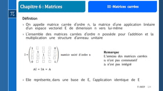 124F. AKEF
Définition
› On appelle matrice carrée d’ordre n, la matrice d’une application linéaire
d’un espace vectoriel E de dimension n vers lui-même
› L’ensemble des matrices carrées d’ordre n possède pour l’addition et la
multiplication une structure d’anneau unitaire
› Elle représente, dans une base de E, l’application identique de E
Remarque
L’anneau des matrices carrées
1) n’est pas commutatif
2) n’est pas intégré
 