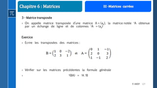 127F. AKEF
3 - Matrice transposée
› On appelle matrice transposée d’une matrice A = (aij), la matrice notée tA obtenue
par un échange de ligne et de colonnes tA = (aji)
Exercice
› Ecrire les transposées des matrices :
› Vérifier sur les matrices précédentes la formule générale
› t(BA) = tA .tB
 