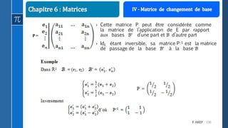 130F. AKEF
› Cette matrice P peut être considérée comme
la matrice de l’application de E par rapport
aux bases ℬ d’une part et ℬ d’autre part
› IdE étant inversible, sa matrice P1 est la matrice
de passage de la base ℬ à la base ℬ
P =
 
