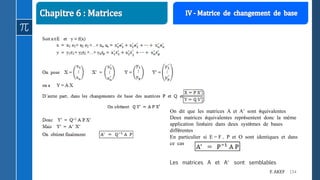 134F. AKEF
On dit que les matrices A et A sont équivalentes
Deux matrices équivalentes représentent donc la même
application linéaire dans deux systèmes de bases
différentes
En particulier si E = F , P et Q sont identiques et dans
ce cas
Les matrices A et A sont semblables
 