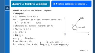 24F. AKEF
Notion de fonction de variable complexe :
› Exemples :
› (ii) fonction Z  aZ + b
Soit f l’application de ℂ vers lui-même définie par :
z Z = a z + b a,bℂ.
› Cherchons les éléments invariants par f :
› f(zo) = zo = a zo + b
› (1 – a) zo = b
› Si a  1 :
zo = On a donc :
Z = az + bzo = a zo + b
Z-zo = a(z -zo) c’est à dire
 