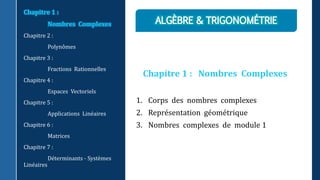 Chapitre 1 : Nombres Complexes
1. Corps des nombres complexes
2. Représentation géométrique
3. Nombres complexes de module 1
Chapitre 1 :
Nombres Complexes
Chapitre 2 :
Polynômes
Chapitre 3 :
Fractions Rationnelles
Chapitre 4 :
Espaces Vectoriels
Chapitre 5 :
Applications Linéaires
Chapitre 6 :
Matrices
Chapitre 7 :
Déterminants - Systèmes
Linéaires
 