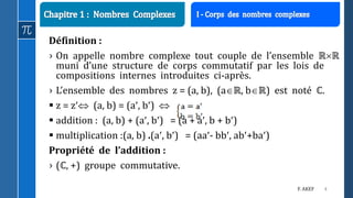4F. AKEF
Définition :
› On appelle nombre complexe tout couple de l’ensemble ℝℝ
muni d’une structure de corps commutatif par les lois de
compositions internes introduites ci-après.
› L’ensemble des nombres z = (a, b), (aℝ, bℝ) est noté ℂ.
 z = z (a, b) = (a, b) 
 addition : (a, b) + (a, b) = (a + a, b + b)
 multiplication :(a, b) .(a, b) = (aa- bb, ab+ba)
Propriété de l’addition :
› (ℂ, +) groupe commutative.
 