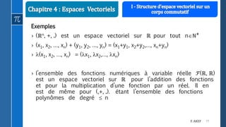 77F. AKEF
Exemples
› (ℝn, +, .) est un espace vectoriel sur ℝ pour tout nℕ*
› (x1, x2, …, xn) + (y1, y2, …, yn) = (x1+y1, x2+y2,…, xn+yn)
› (x1, x2, …, xn) = (x1, x2,…, xn)
› l’ensemble des fonctions numériques à variable réelle ℱ(ℝ, ℝ)
est un espace vectoriel sur ℝ pour l’addition des fonctions
et pour la multiplication d’une fonction par un réel. Il en
est de même pour (,+, .). étant l’ensemble des fonctions
polynômes de degré  n
 