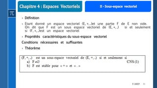 81F. AKEF
› Définition
› Etant donné un espace vectoriel (E, +, .)et une partie F de E non vide.
On dit que F est un sous espace vectoriel de (E, +, .) si et seulement
si (F, +, .)est un espace vectoriel
› Propriétés caractéristiques du sous-espace vectoriel
Conditions nécessaires et suffisantes
› Théorème
 