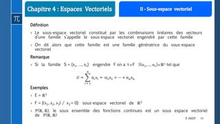 86F. AKEF
Définition
› Le sous-espace vectoriel constitué par les combinaisons linéaires des vecteurs
d’une famille s’appelle le sous-espace vectoriel engendré par cette famille
› On dit alors que cette famille est une famille génératrice du sous-espace
vectoriel
Remarque
› Si la famille S = {x1, …, xn} engendre F on a F (1,…, n)ℝn tel que
Exemples
› E = ℝ3
› F = {(x1, x2, x3) / x3 = 0} sous-espace vectoriel de ℝ3
› ℱ(ℝ, ℝ), le sous ensemble des fonctions continues est un sous espace vectoriel
de ℱ(ℝ, ℝ)
 