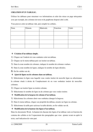 ISET BEJA C2I-1
A.U 2008/2009 18 Fatma Laribi
CREATION D’UN TABLEAU.
Utilisez les tableaux pour structurer vos informations et créer des mises en page attrayantes
avec par exemple, des colonnes de texte et de graphisme disposé côté à côté.
Vous pouvez créer un tableau vide, puis remplir les cellules.
Nom. Prénom. Matricule. Fonction. Unité.
Création d’un tableau simple.
1) Cliquez sur l’endroit où vous souhaitez créer un tableau.
2) Cliquez sur le menu tableau puis sur insérer un tableau.
3) Dans la zone nombre de colonnes, indiquez le nombre de colonnes voulues.
4) Dans la zone nombre de lignes, indiquez le nombre de ligne désirées.
5) En fin validez sur ok..
Ajout de lignes ou de colonnes dans un tableau.
1) Sélectionnez la ligne sous laquelle vous voulez insérer de nouvelle ligne ou sélectionnez
la colonne située à droite de l’emplacement où ou vous souhaitez insérer de nouvelles
colonnes.
2) Cliquez sur insérer ligne ou insérer colonne.
3) Sélectionnez le nombre de ligne ou de colonne que vous voulez insérer.
Modification de la largesse de colonne d’un tableau.
1) Sélectionnez les colonnes dont vous souhaitez changer la largesse.
2) Dans le menu tableau, cliquez sur propriété du tableau, ensuite sur ligne ou colonne.
3) Sélectionnez la taille puis saisissez la taille désirée, en fin validez sur ok.
Modification de la hauteur des lignes d’un tableau.
Dans les documents Word, la hauteur de chacune des lignes d’un tableau varie en fonction du
contenu des cellules et de l’espacement des paragraphes que vous ajoutez avant ou après le
texte, sauf indication de votre part.
Downloaded by Neji Kouka (nejikouka59@gmail.com)
lOMoARcPSD|59215321
 