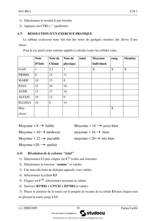 ISET BEJA C2I-1
A.U 2008/2009 35 Fatma Laribi
1) Sélectionnez le résultat d’une formule
2) Appuyez sur CTRL+ ’’ (guillemet)
A-7- RESOLUTION D’UN EXERCICE PRATIQUE
Le tableau ci-dessous nous fait état des notes de quelques matières des élèves d’une
classe.
Pour le cas précis nous sommes appelés à calculer toutes les cellules vides.
Note
D’Info
Note de
Chimie
Note de
physique
total Moyenne
Individuel.
rang Mention
Coeff. 1 2.5 3 X X X
PIERRE 8 12 11
MARIE 10 15 8
PAUL 12 16 10
AUDE 15 17 18
ALEXIS 10 12 0
ELLISSA 14 0 14
Moy.
classe
X
Moyenne < 8 faible Moyenne < 14 assez bien
Moyenne < 10 médiocre moyenne < 16 bien
Moyenne < 12 passable moyenne < 20 très bien
Moyenne =20 parfait
A-8- Résolution de la colonne ‘‘total’’
1) Sélectionnez E2 puis cliquez sur f (x)
(coller une fonction)
2) Sélectionnez la fonction ‘‘somme’’ et validez
3) Une nouvelle boîte de dialogue apparaît, vous validez
4) Sélectionnez la cellule E3
5) Cliquez sur f (X)
, sélectionnez moyenne et validez
6) Saisissez B3*B$2 + C3*C$2 + D3*D$2 et validez
7) Placez le pointeur de la souris sur le poignet de recopie de la cellule E3 puis cliquez tout
en glissant la souris jusqu’à E8.
Downloaded by Neji Kouka (nejikouka59@gmail.com)
lOMoARcPSD|59215321
 