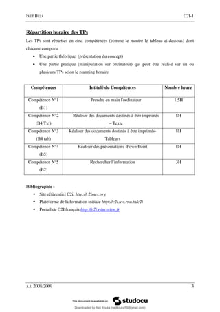 ISET BEJA C2I-1
A.U 2008/2009 3
Répartition horaire des TPs
Les TPs sont réparties en cinq compétences (comme le montre le tableau ci-dessous) dont
chacune comporte :
• Une partie théorique (présentation du concept)
• Une partie pratique (manipulation sur ordinateur) qui peut être réalisé sur un ou
plusieurs TPs selon le planning horaire
Compétences Intitulé du Compétences Nombre heure
Compétence N°1
(B1)
Prendre en main l'ordinateur 1,5H
Compétence N°2
(B4 Txt)
Réaliser des documents destinés à être imprimés
– Texte
8H
Compétence N°3
(B4 tab)
Réaliser des documents destinés à être imprimés-
Tableurs
8H
Compétence N°4
(B5)
Réaliser des présentations -PowerPoint 8H
Compétence N°5
(B2)
Rechercher l’information 3H
Bibliographie :
Site référentiel C2i, http://c2imes.org
Plateforme de la formation initiale http://c2i.uvt.rnu.tn/c2i
Portail de C2I français http://c2i.education.fr
Downloaded by Neji Kouka (nejikouka59@gmail.com)
lOMoARcPSD|59215321
 